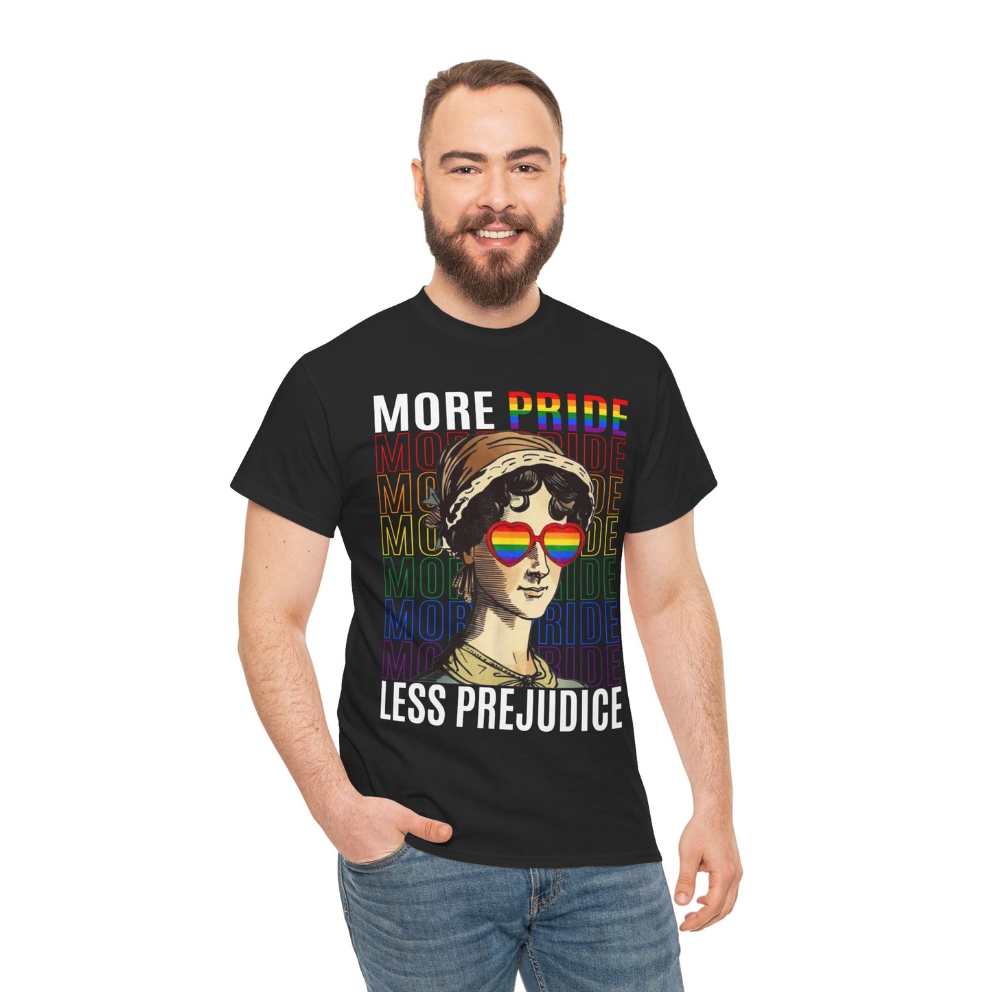 LGBTQ+ More Pride Less Prejudice Jane Austen humorous Pride Rainbow T-Shirt Design