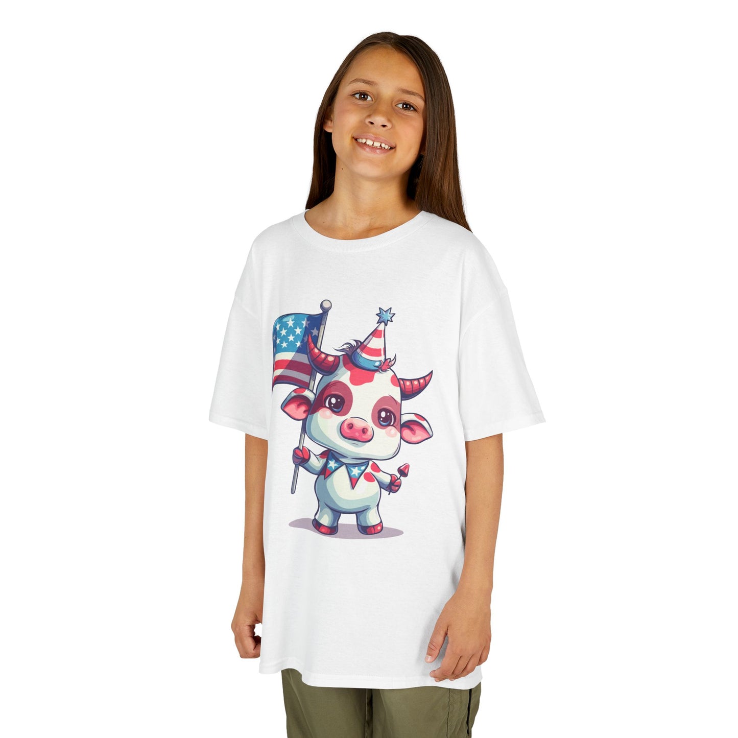 Adorable Pink Mini Cow Kids Shirt - Patriotic Cartoon Design, Cute 4th of July Tee, unisex cotton shirt