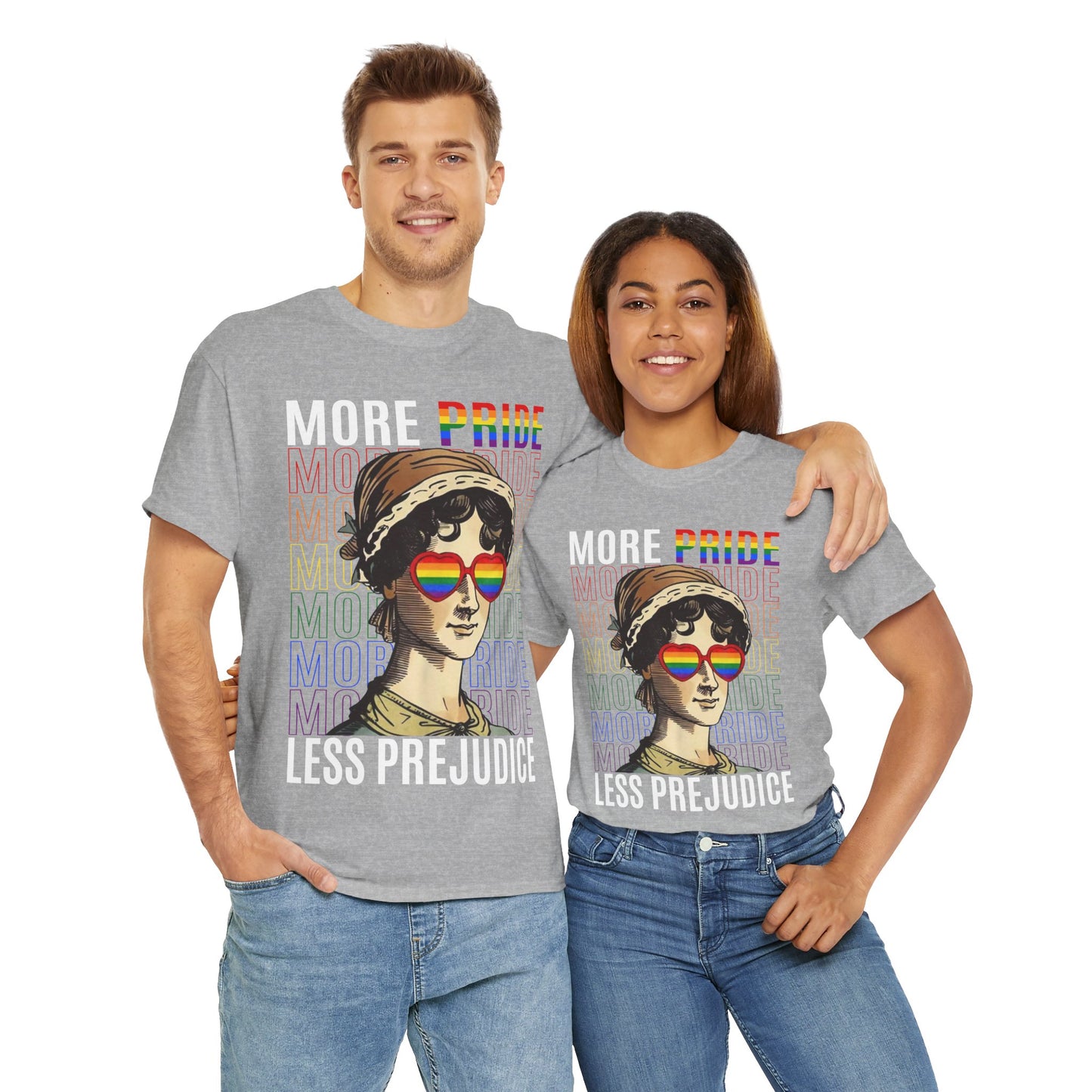 LGBTQ+ More Pride Less Prejudice Jane Austen humorous Pride Rainbow T-Shirt Design