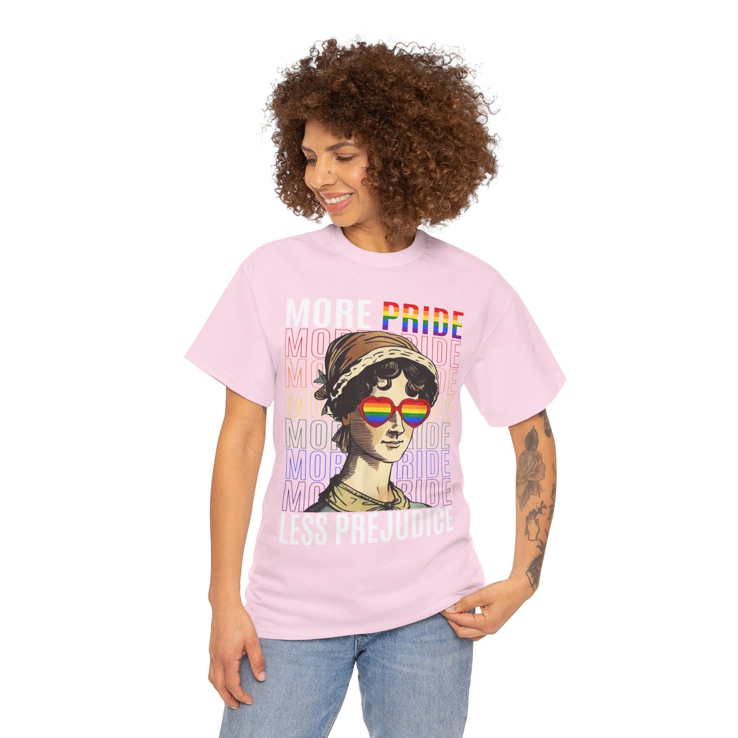 LGBTQ+ More Pride Less Prejudice Jane Austen humorous Pride Rainbow T-Shirt Design