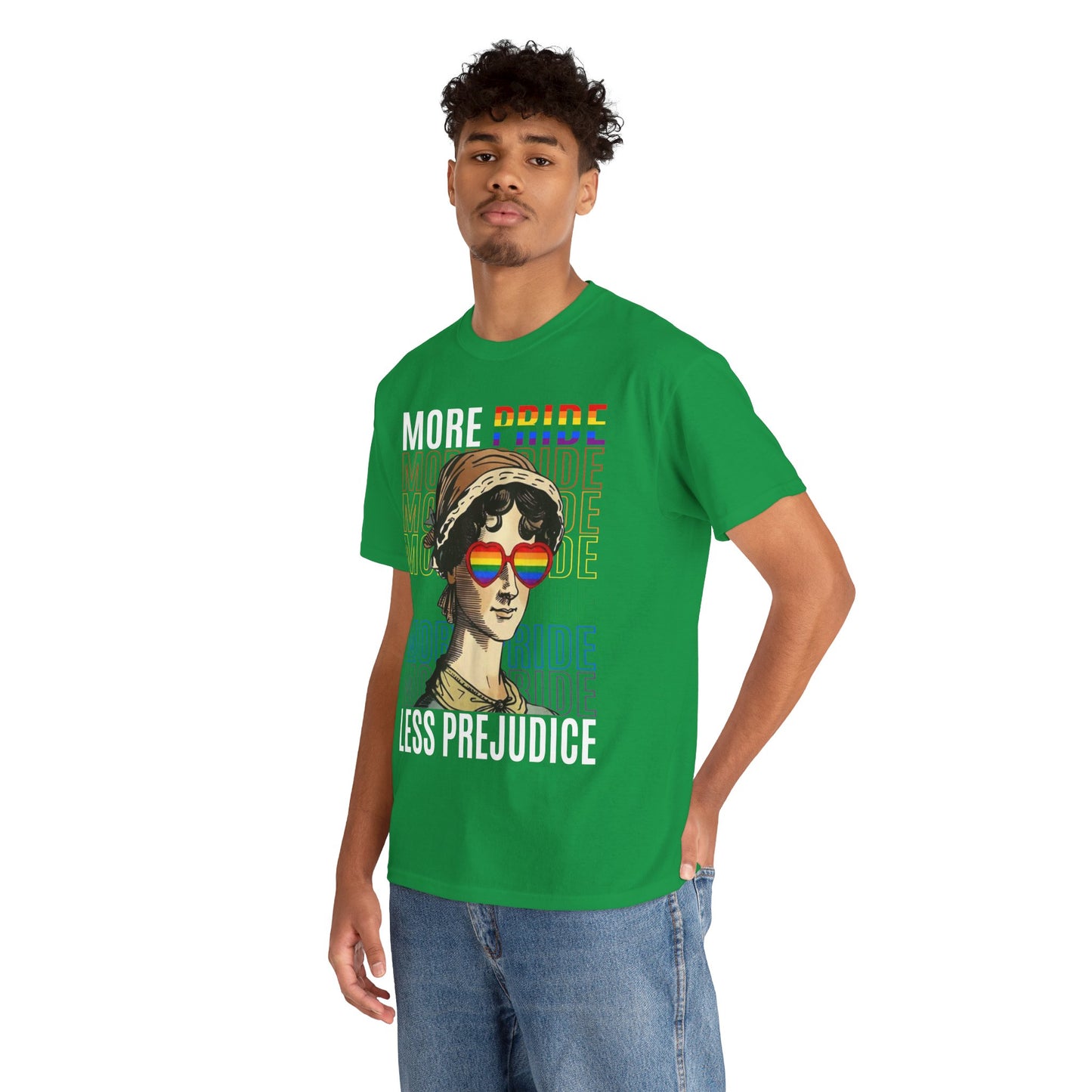 LGBTQ+ More Pride Less Prejudice Jane Austen humorous Pride Rainbow T-Shirt Design