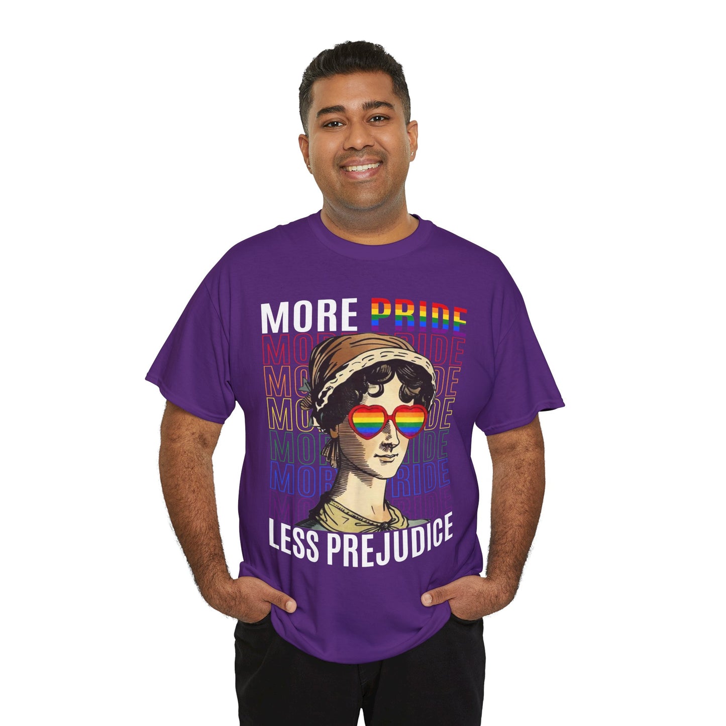 LGBTQ+ More Pride Less Prejudice Jane Austen humorous Pride Rainbow T-Shirt Design