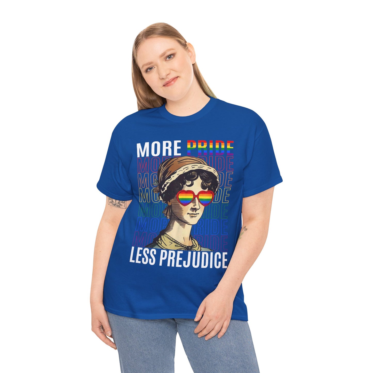 LGBTQ+ More Pride Less Prejudice Jane Austen humorous Pride Rainbow T-Shirt Design