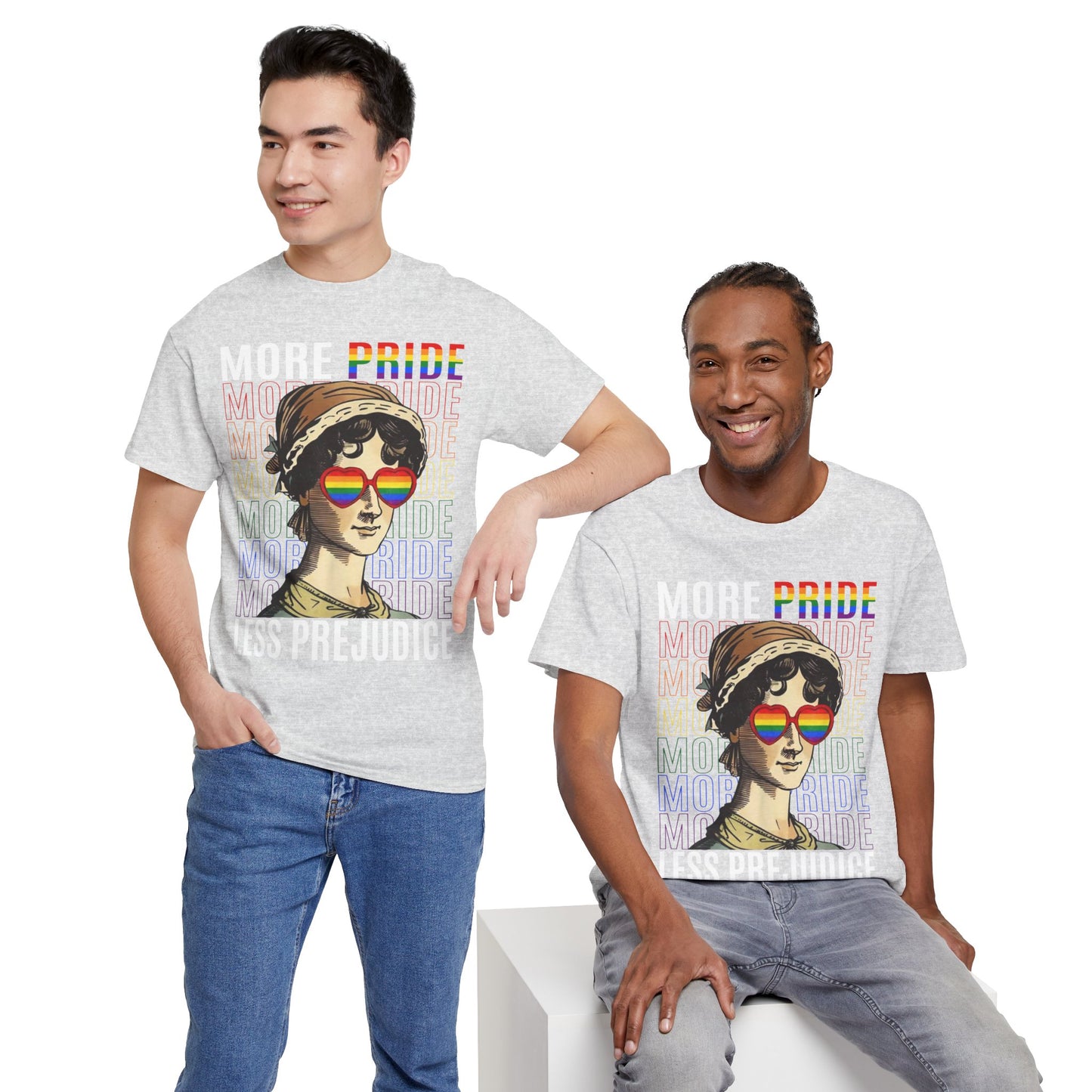 LGBTQ+ More Pride Less Prejudice Jane Austen humorous Pride Rainbow T-Shirt Design