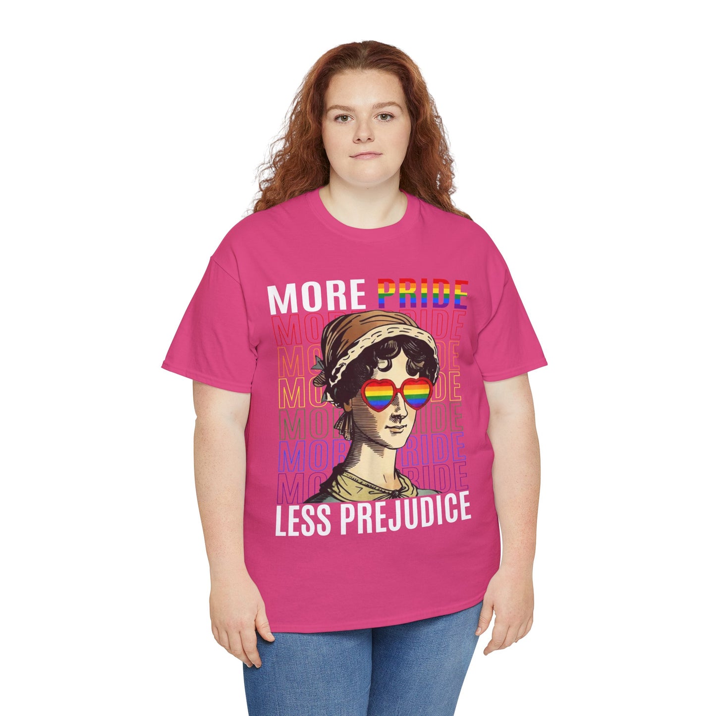 LGBTQ+ More Pride Less Prejudice Jane Austen humorous Pride Rainbow T-Shirt Design