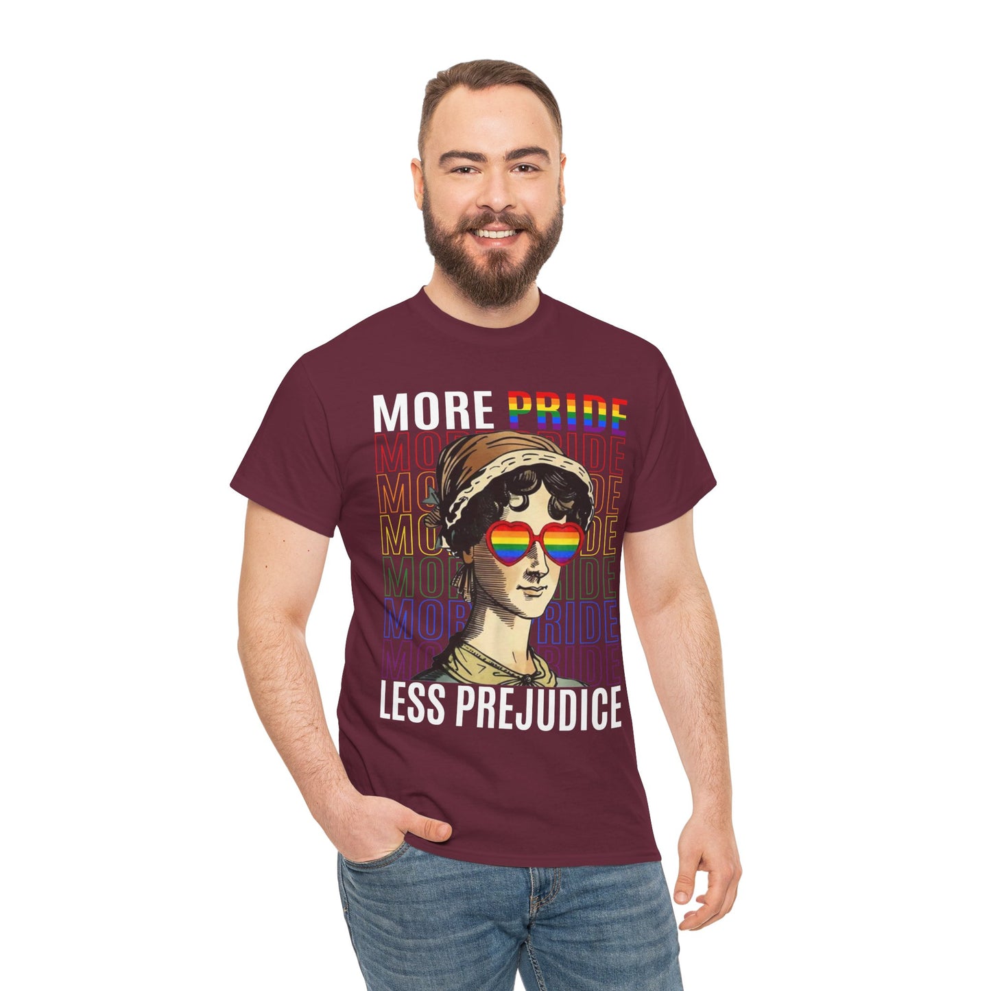 LGBTQ+ More Pride Less Prejudice Jane Austen humorous Pride Rainbow T-Shirt Design