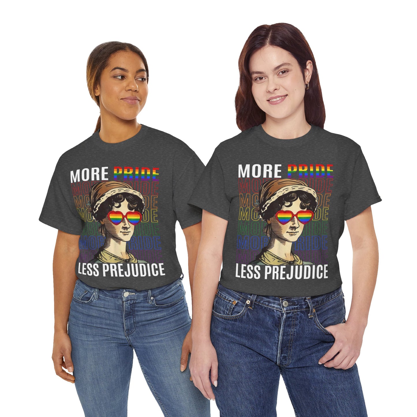 LGBTQ+ More Pride Less Prejudice Jane Austen humorous Pride Rainbow T-Shirt Design