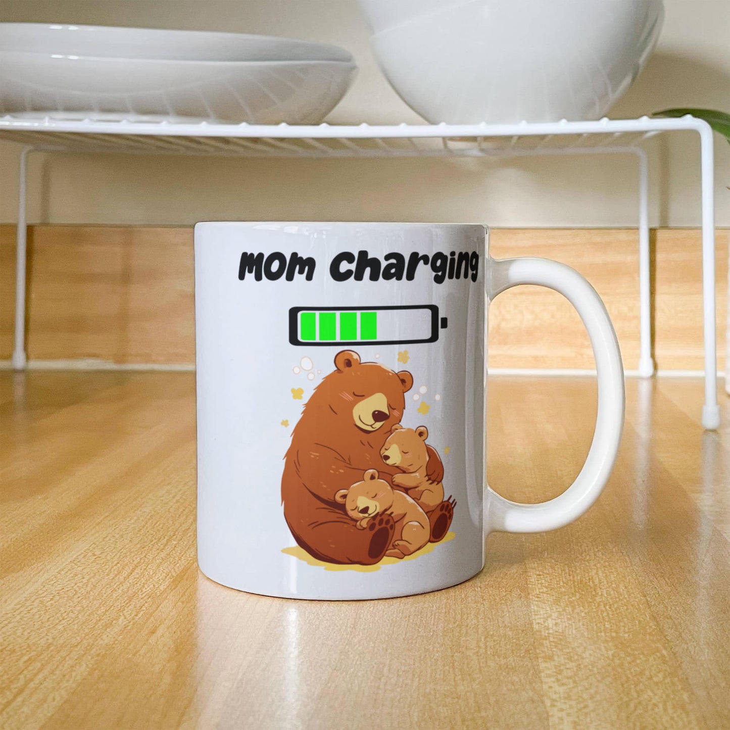 Mom Charging Mug – Funny Coffee Mug for Moms, Mama Bear Design, Cute Gift from Kids, Perfect for Mother's Day