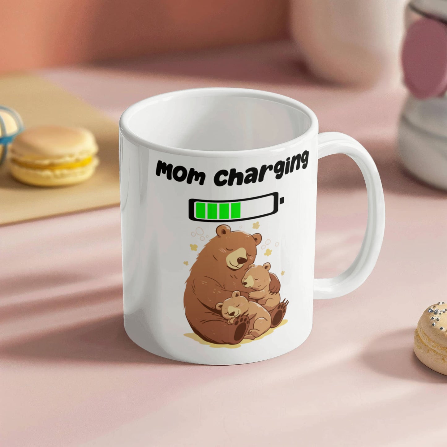 Mom Charging Mug – Funny Coffee Mug for Moms, Mama Bear Design, Cute Gift from Kids, Perfect for Mother's Day