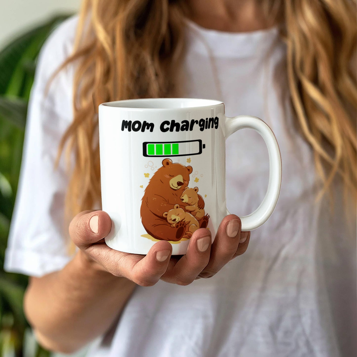 Mom Charging Mug – Funny Coffee Mug for Moms, Mama Bear Design, Cute Gift from Kids, Perfect for Mother's Day