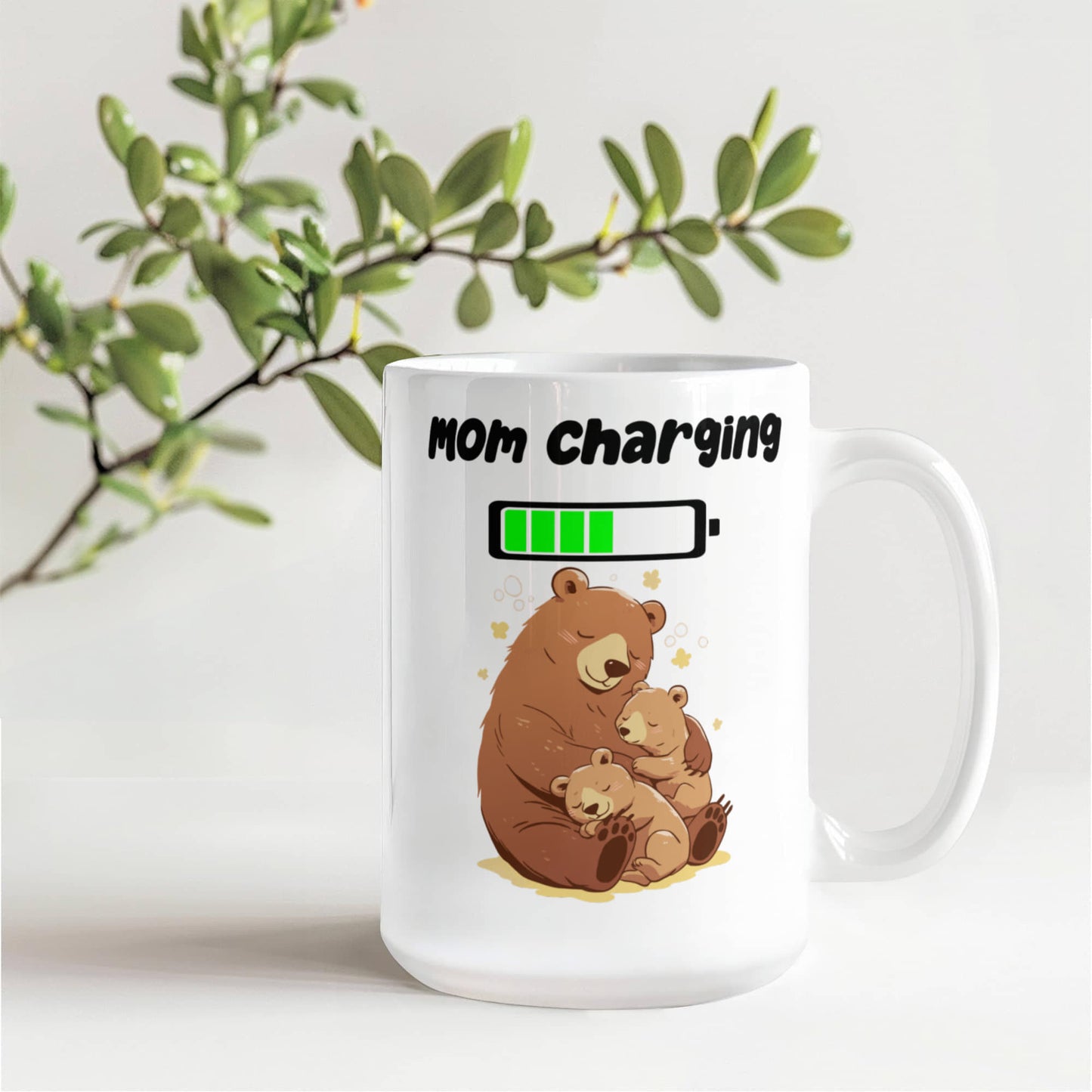 Mom Charging Mug – Funny Coffee Mug for Moms, Mama Bear Design, Cute Gift from Kids, Perfect for Mother's Day
