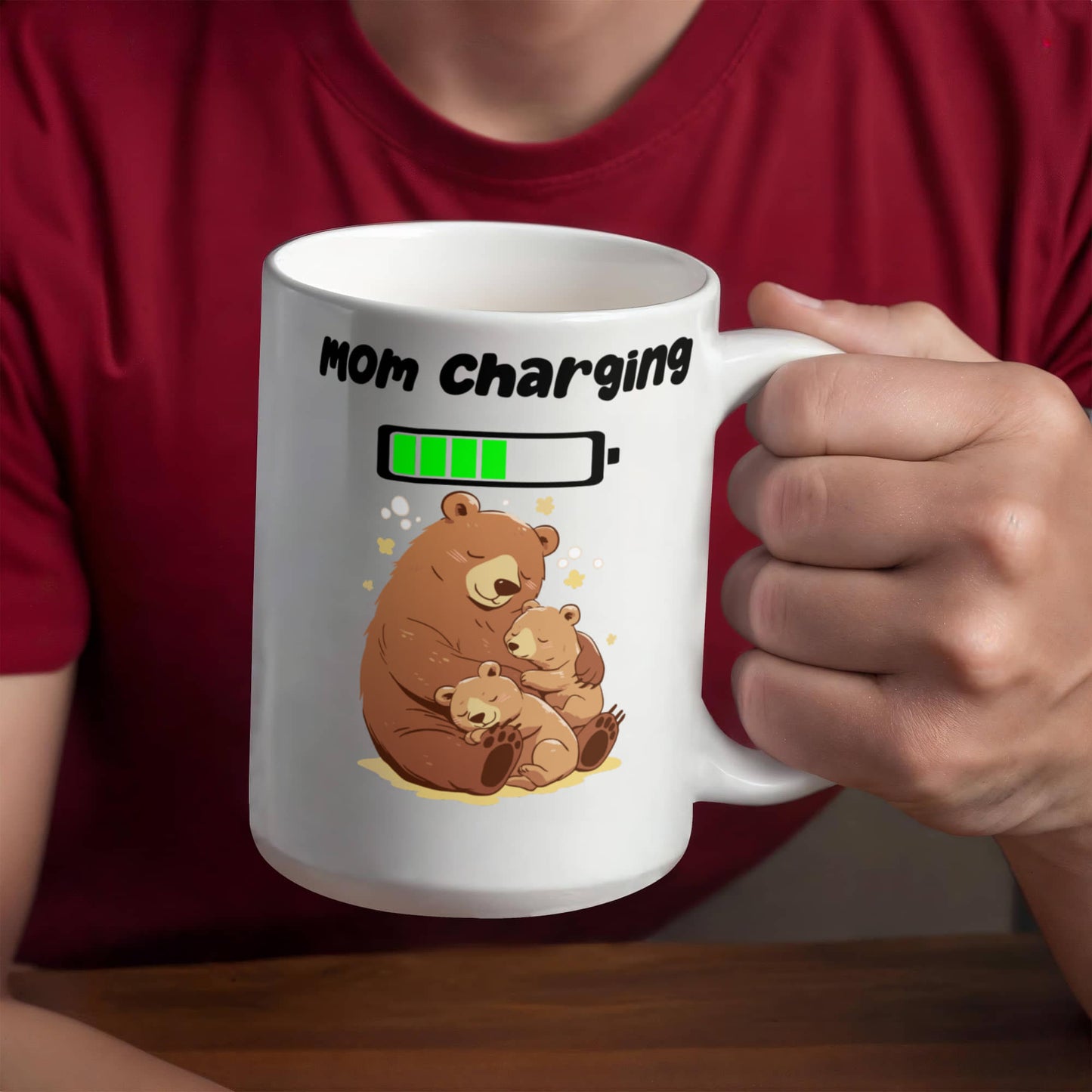 Mom Charging Mug – Funny Coffee Mug for Moms, Mama Bear Design, Cute Gift from Kids, Perfect for Mother's Day