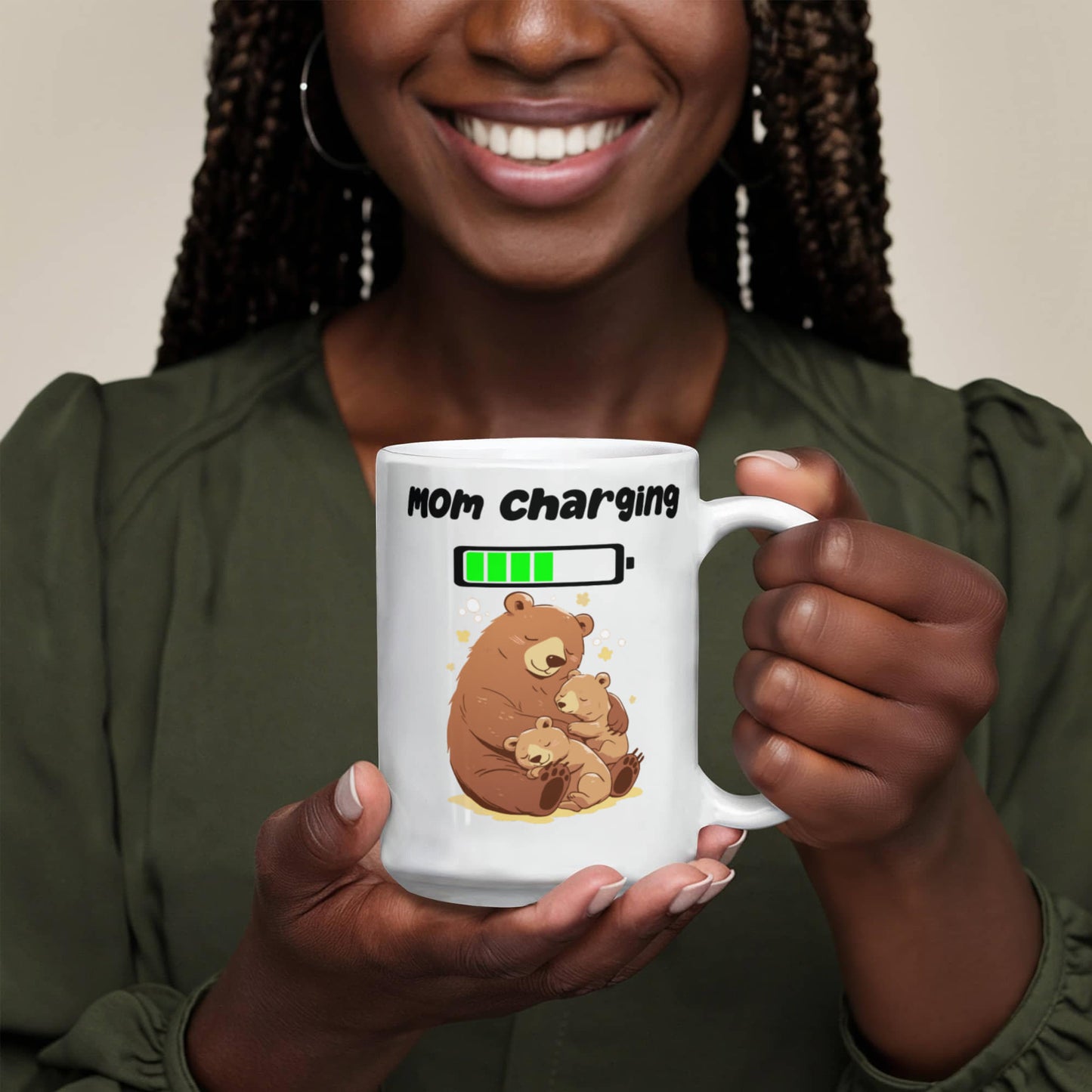 Mom Charging Mug – Funny Coffee Mug for Moms, Mama Bear Design, Cute Gift from Kids, Perfect for Mother's Day