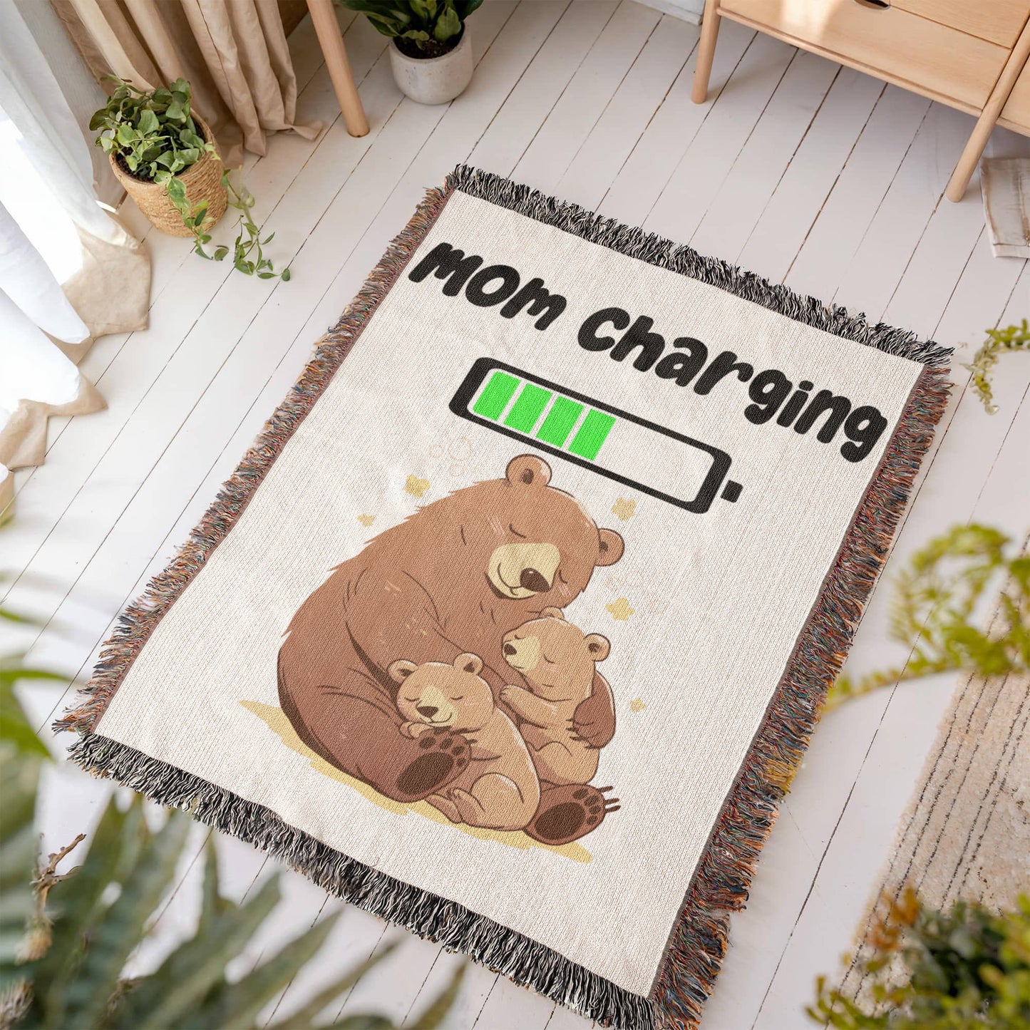 Mom Charging Bear Blanket – Soft Fleece Throw for Moms, Cozy Gift from Kids, Cute Mama Bear and Cubs Design