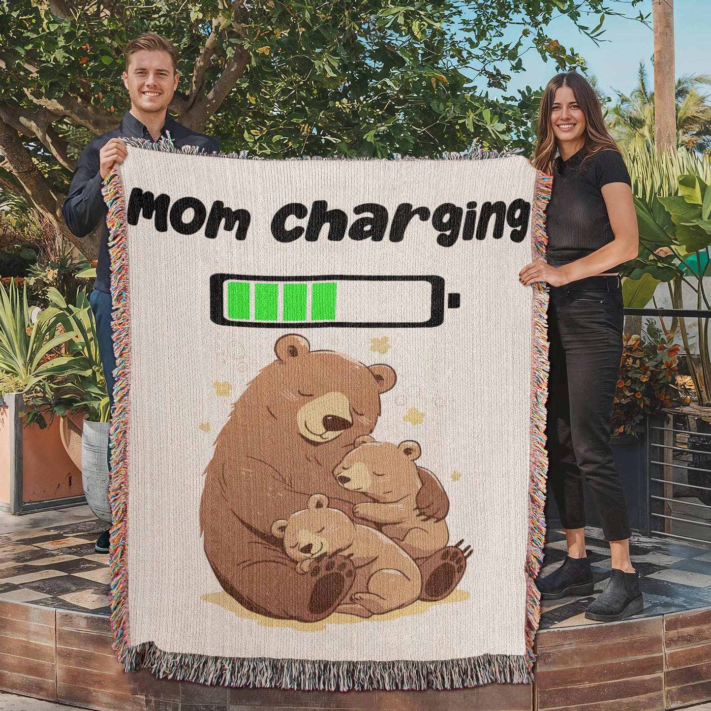 Mom Charging Bear Blanket – Soft Fleece Throw for Moms, Cozy Gift from Kids, Cute Mama Bear and Cubs Design
