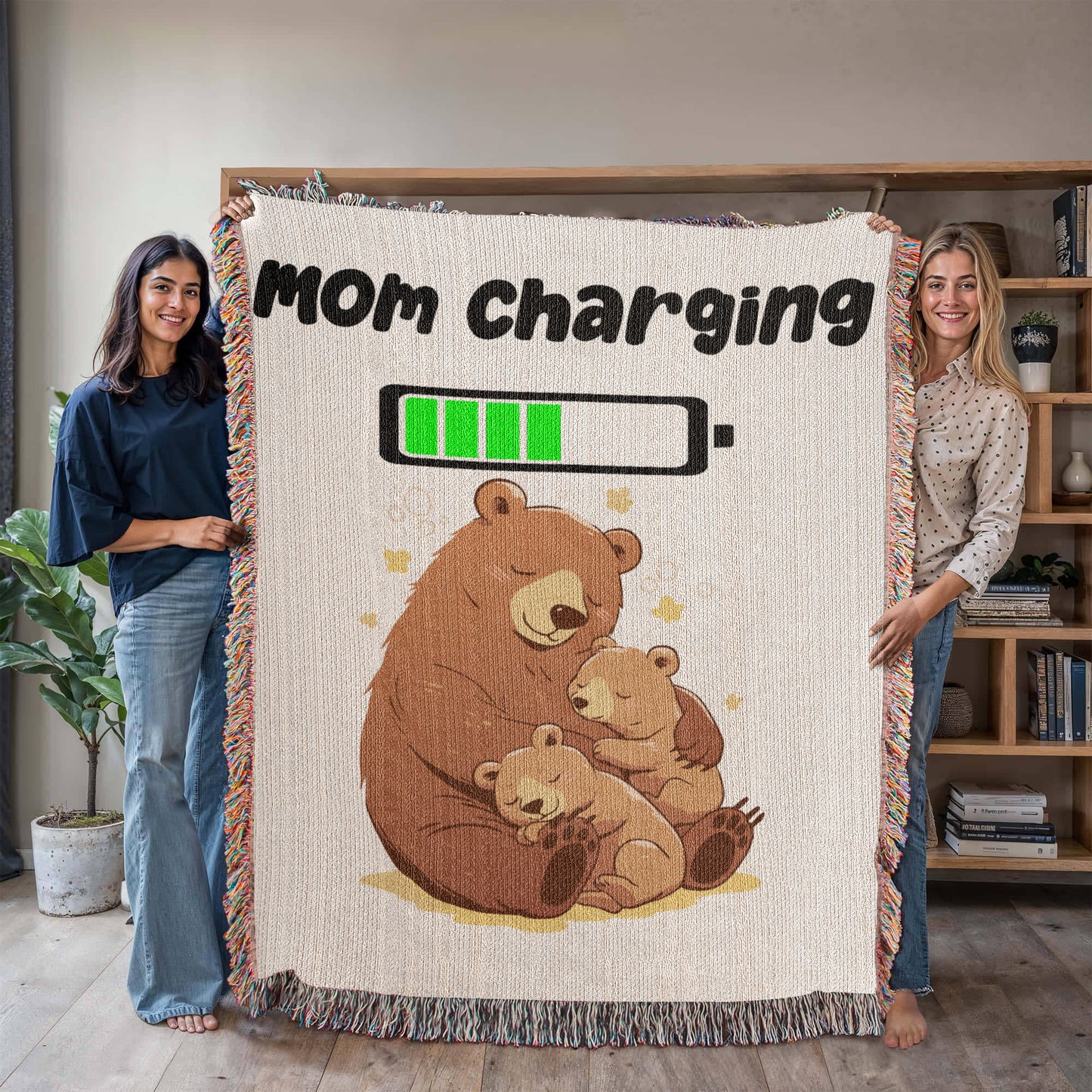 Mom Charging Bear Blanket – Soft Fleece Throw for Moms, Cozy Gift from Kids, Cute Mama Bear and Cubs Design