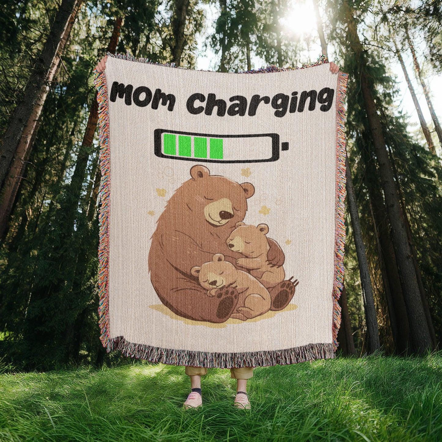 Mom Charging Bear Blanket – Soft Fleece Throw for Moms, Cozy Gift from Kids, Cute Mama Bear and Cubs Design