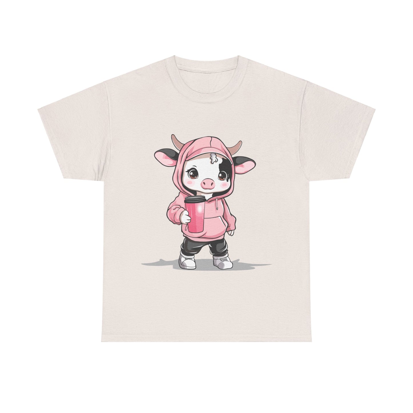 Kawaii Mini Cow Hoodie Shirt - Adorable Chibi Cow in Pink Hoodie with Coffee Tumbler - Perfect Gift for Animal Lovers