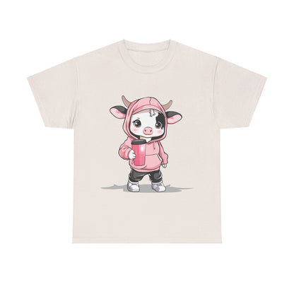 Kawaii Mini Cow Hoodie Shirt - Adorable Chibi Cow in Pink Hoodie with Coffee Tumbler - Perfect Gift for Animal Lovers