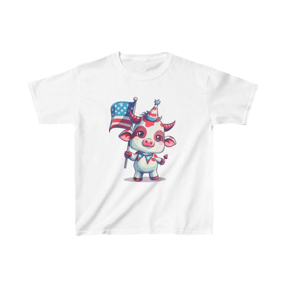 Adorable Pink Mini Cow Kids Shirt - Patriotic Cartoon Design, Cute 4th of July Tee, unisex cotton shirt