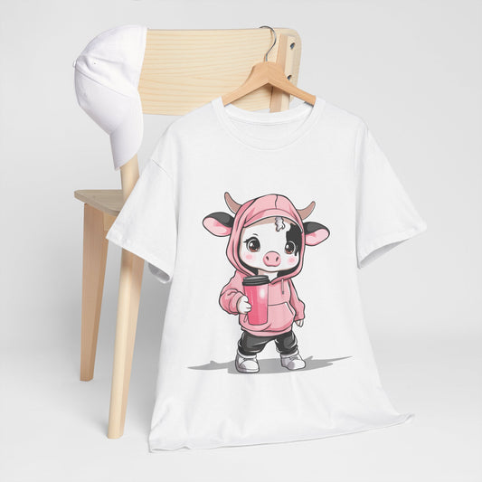 Kawaii Mini Cow Hoodie Shirt - Adorable Chibi Cow in Pink Hoodie with Coffee Tumbler - Perfect Gift for Animal Lovers