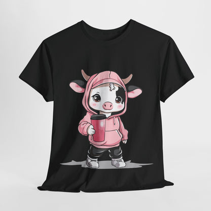 Kawaii Mini Cow Hoodie Shirt - Adorable Chibi Cow in Pink Hoodie with Coffee Tumbler - Perfect Gift for Animal Lovers