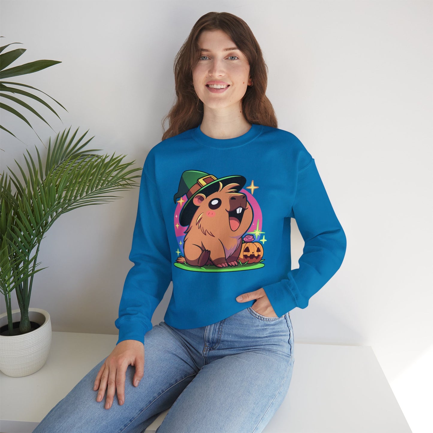 Capybara Halloween Sweatshirt – Witch Hat & Pumpkin Crewneck (Unisex)
