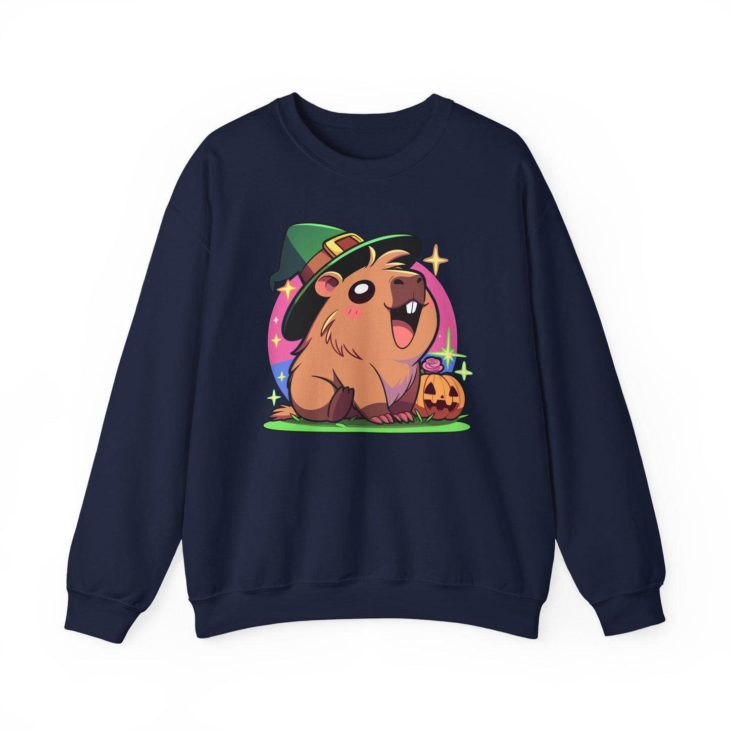 Capybara Halloween Sweatshirt – Witch Hat & Pumpkin Crewneck (Unisex)