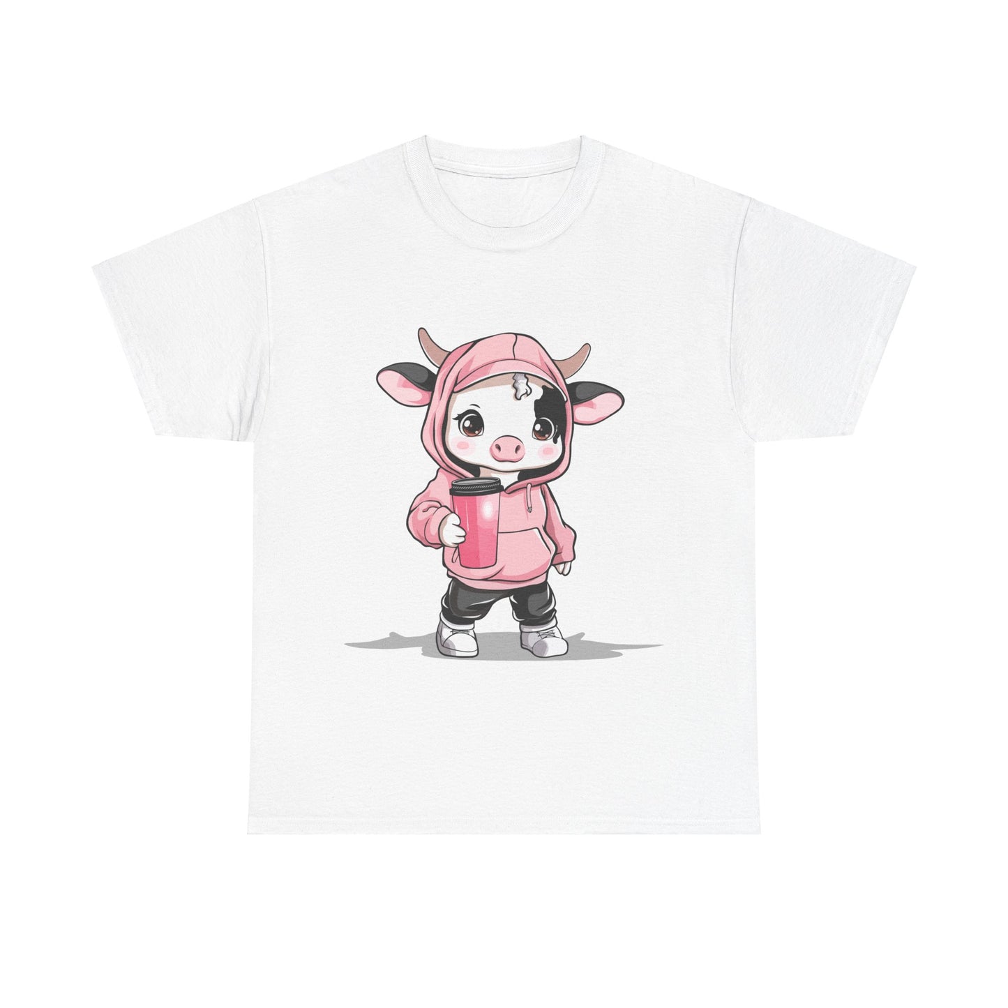 Kawaii Mini Cow Hoodie Shirt - Adorable Chibi Cow in Pink Hoodie with Coffee Tumbler - Perfect Gift for Animal Lovers