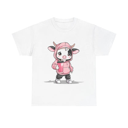 Kawaii Mini Cow Hoodie Shirt - Adorable Chibi Cow in Pink Hoodie with Coffee Tumbler - Perfect Gift for Animal Lovers