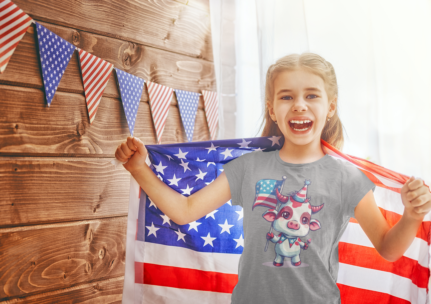 Adorable Pink Mini Cow Kids Shirt - Patriotic Cartoon Design, Cute 4th of July Tee, unisex cotton shirt