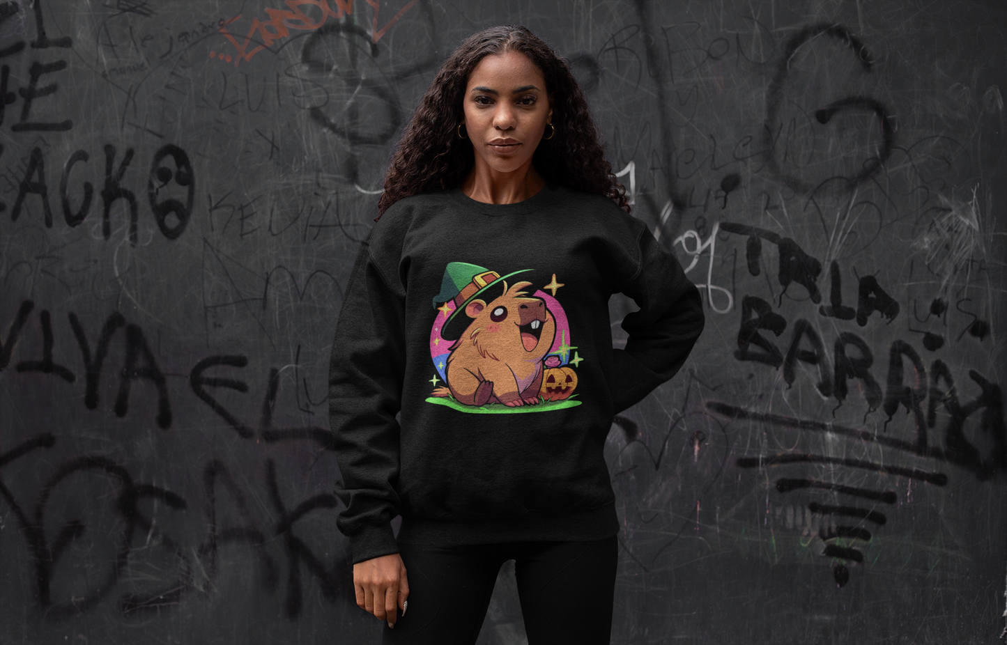 Capybara Halloween Sweatshirt – Witch Hat & Pumpkin Crewneck (Unisex)