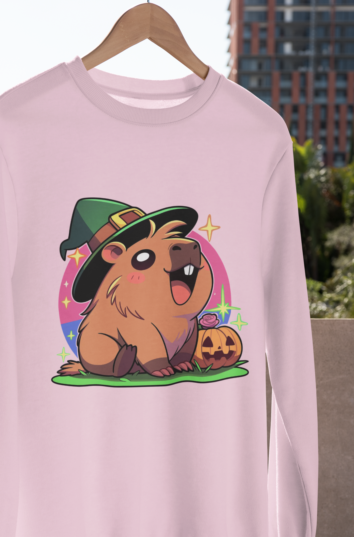 Capybara Halloween Sweatshirt – Witch Hat & Pumpkin Crewneck (Unisex)