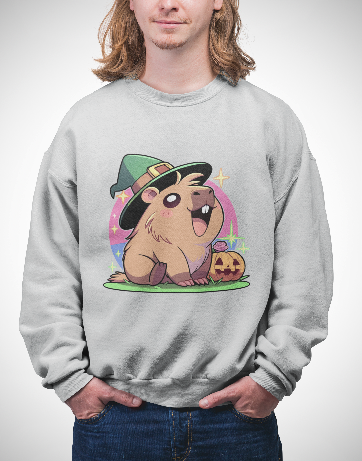 Capybara Halloween Sweatshirt – Witch Hat & Pumpkin Crewneck (Unisex)
