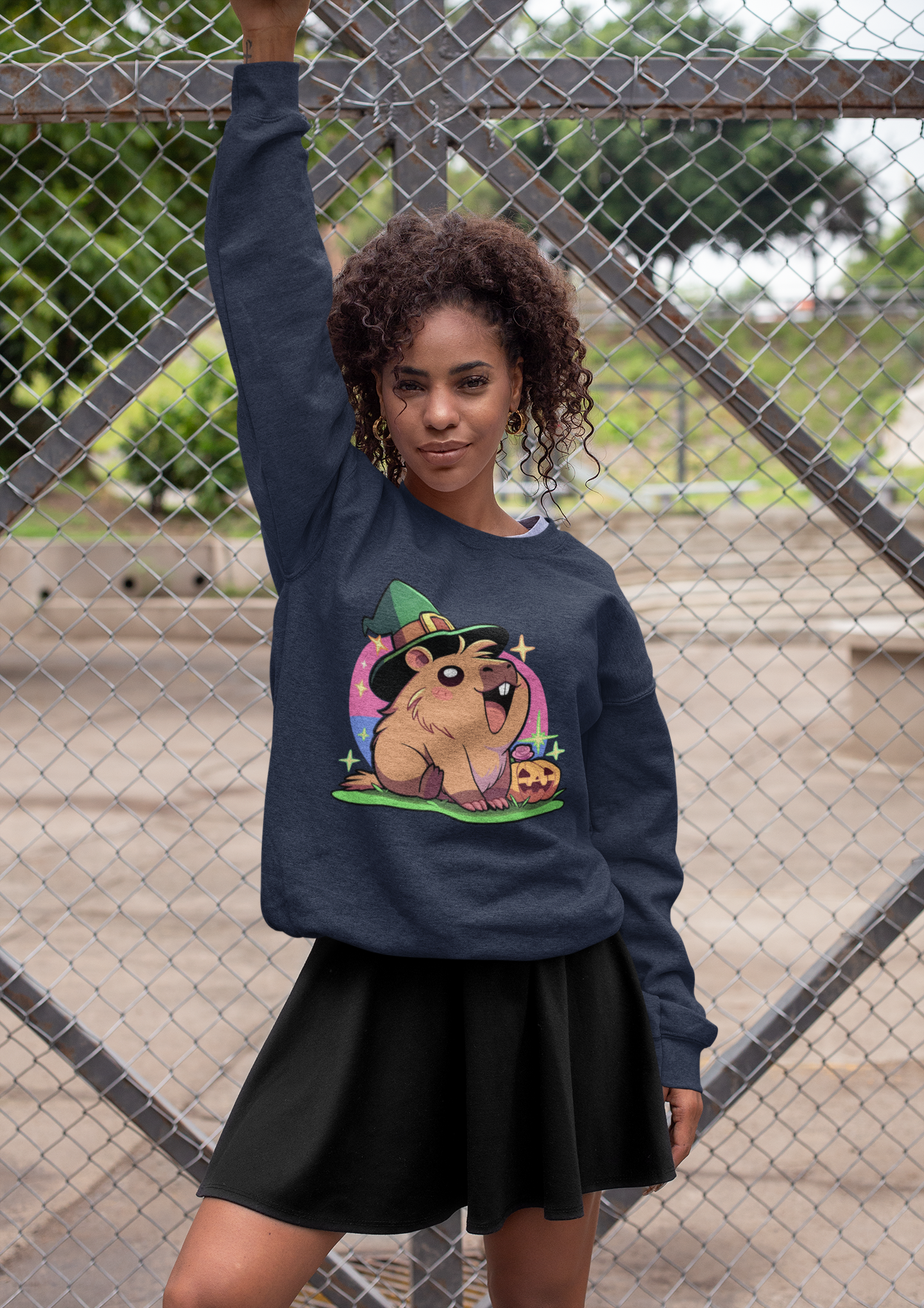 Capybara Halloween Sweatshirt – Witch Hat & Pumpkin Crewneck (Unisex)
