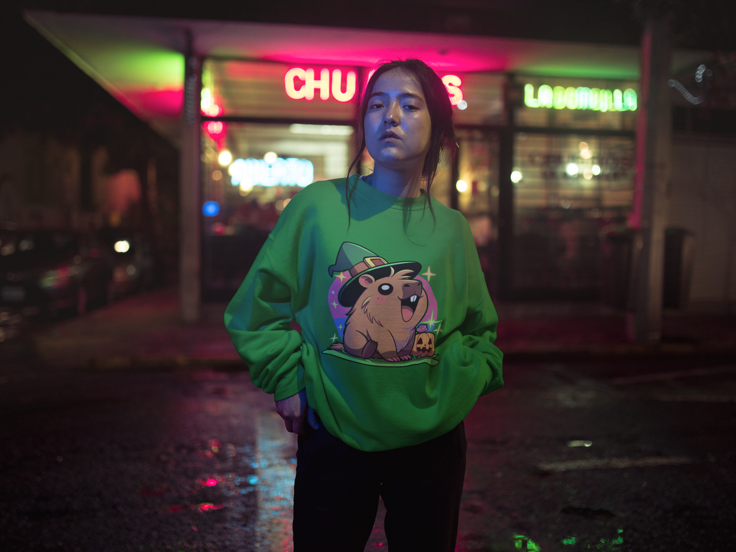 Capybara Halloween Sweatshirt – Witch Hat & Pumpkin Crewneck (Unisex)