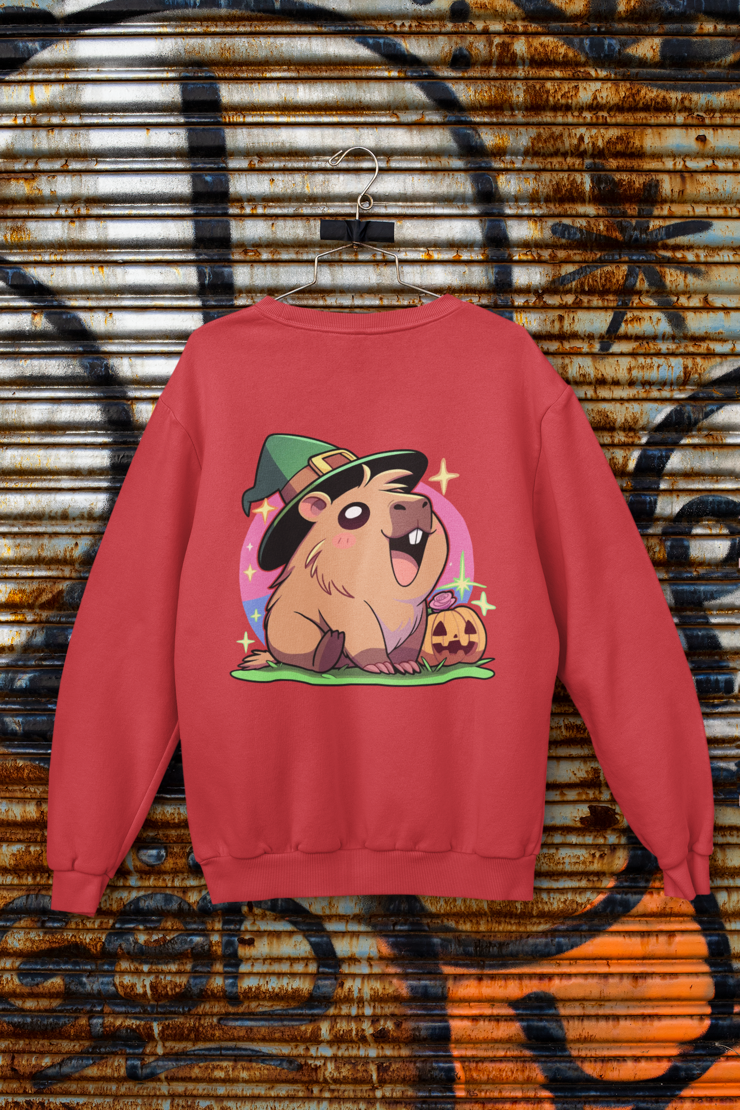 Capybara Halloween Sweatshirt – Witch Hat & Pumpkin Crewneck (Unisex)
