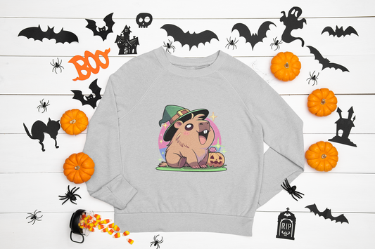 Capybara Halloween Sweatshirt – Witch Hat & Pumpkin Crewneck (Unisex)