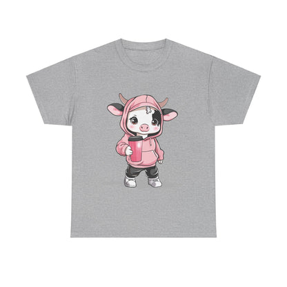 Kawaii Mini Cow Hoodie Shirt - Adorable Chibi Cow in Pink Hoodie with Coffee Tumbler - Perfect Gift for Animal Lovers