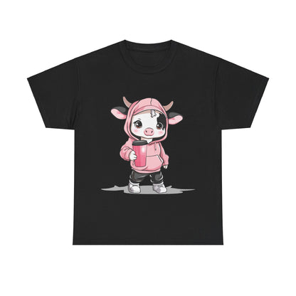 Kawaii Mini Cow Hoodie Shirt - Adorable Chibi Cow in Pink Hoodie with Coffee Tumbler - Perfect Gift for Animal Lovers