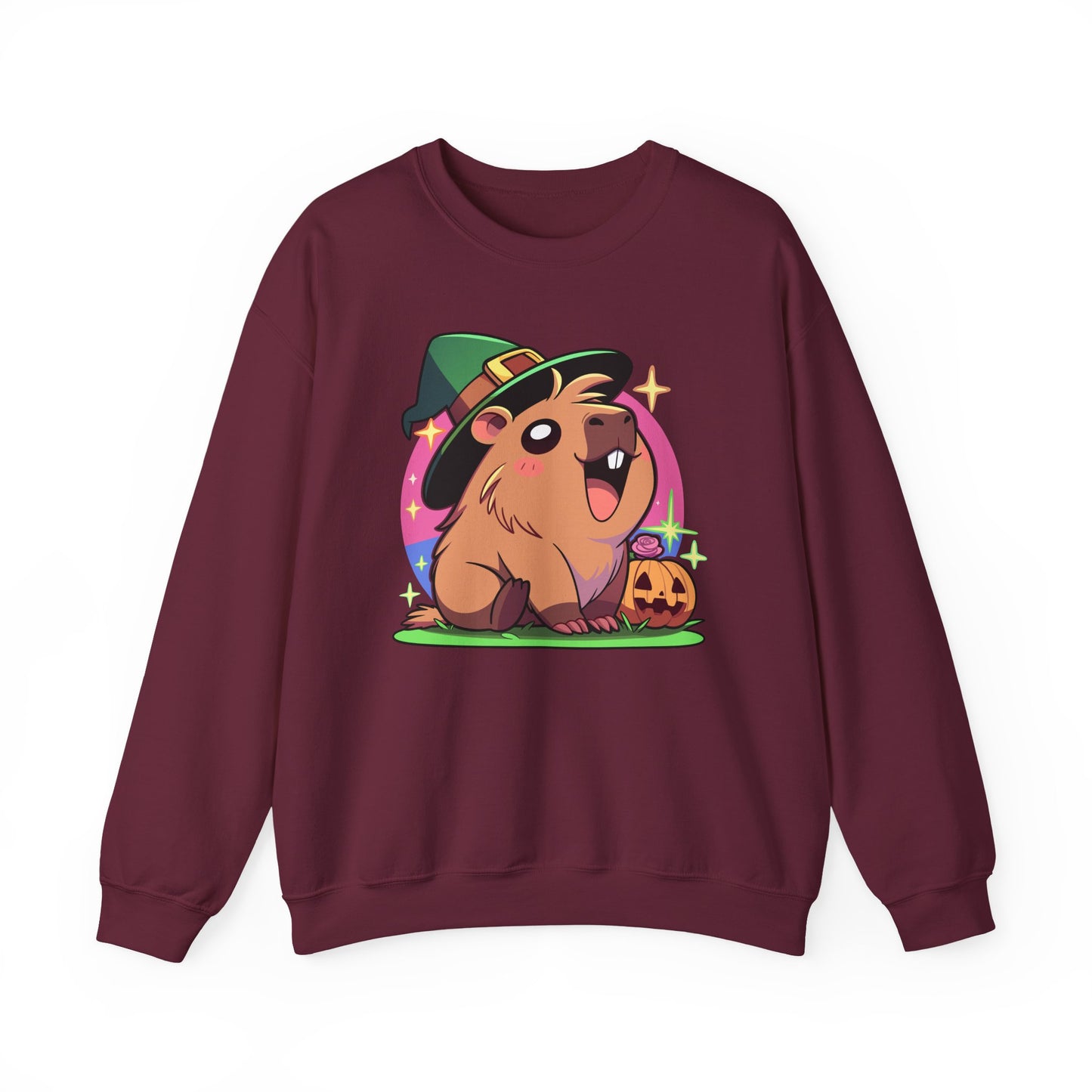 Capybara Halloween Sweatshirt – Witch Hat & Pumpkin Crewneck (Unisex)