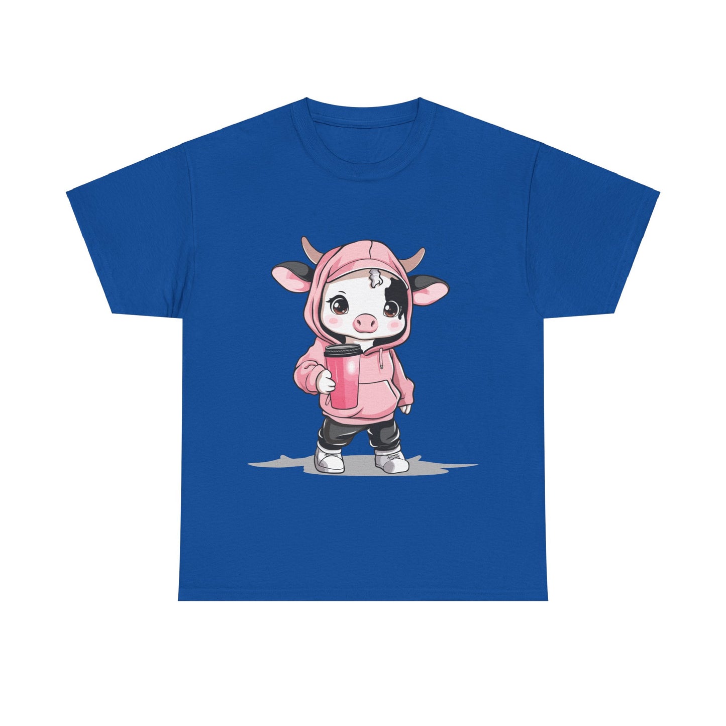 Kawaii Mini Cow Hoodie Shirt - Adorable Chibi Cow in Pink Hoodie with Coffee Tumbler - Perfect Gift for Animal Lovers