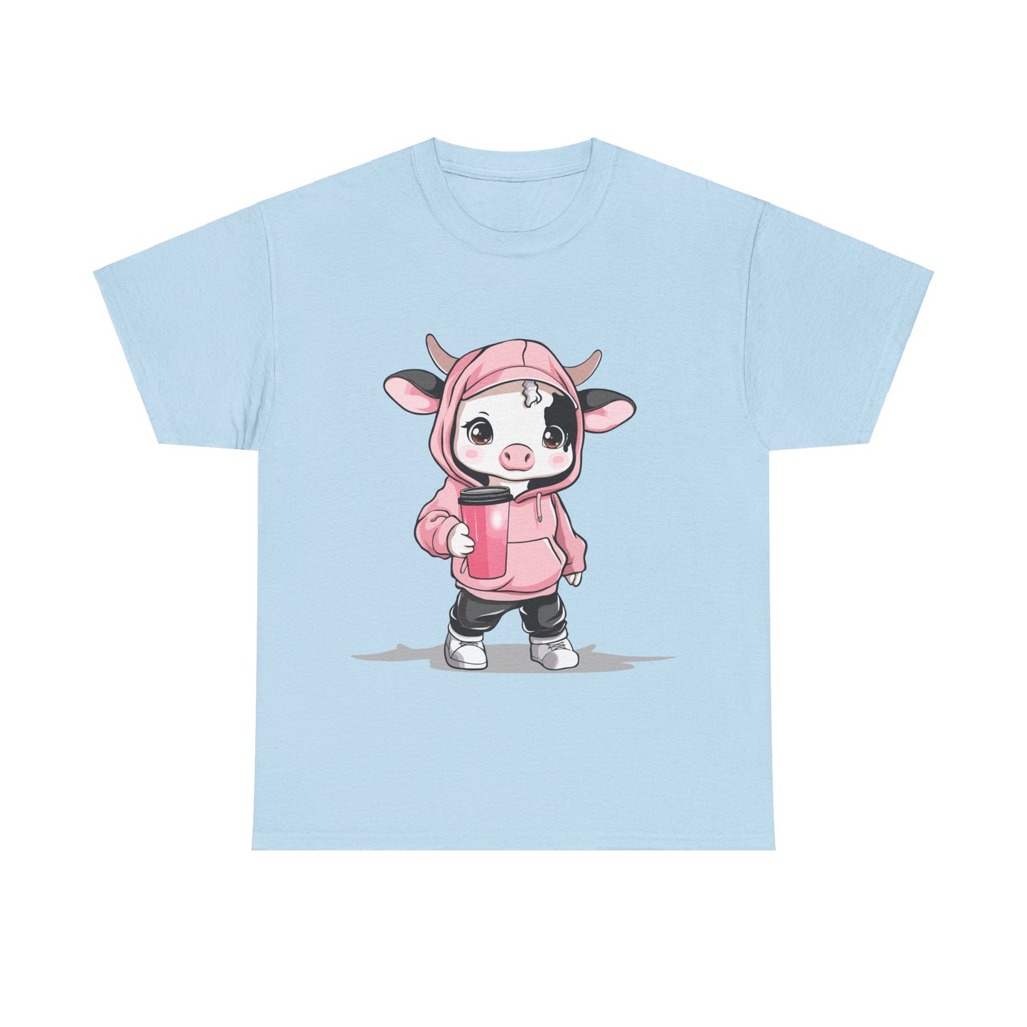 Kawaii Mini Cow Hoodie Shirt - Adorable Chibi Cow in Pink Hoodie with Coffee Tumbler - Perfect Gift for Animal Lovers