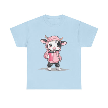 Kawaii Mini Cow Hoodie Shirt - Adorable Chibi Cow in Pink Hoodie with Coffee Tumbler - Perfect Gift for Animal Lovers