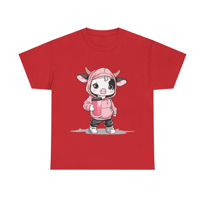 Kawaii Mini Cow Hoodie Shirt - Adorable Chibi Cow in Pink Hoodie with Coffee Tumbler - Perfect Gift for Animal Lovers