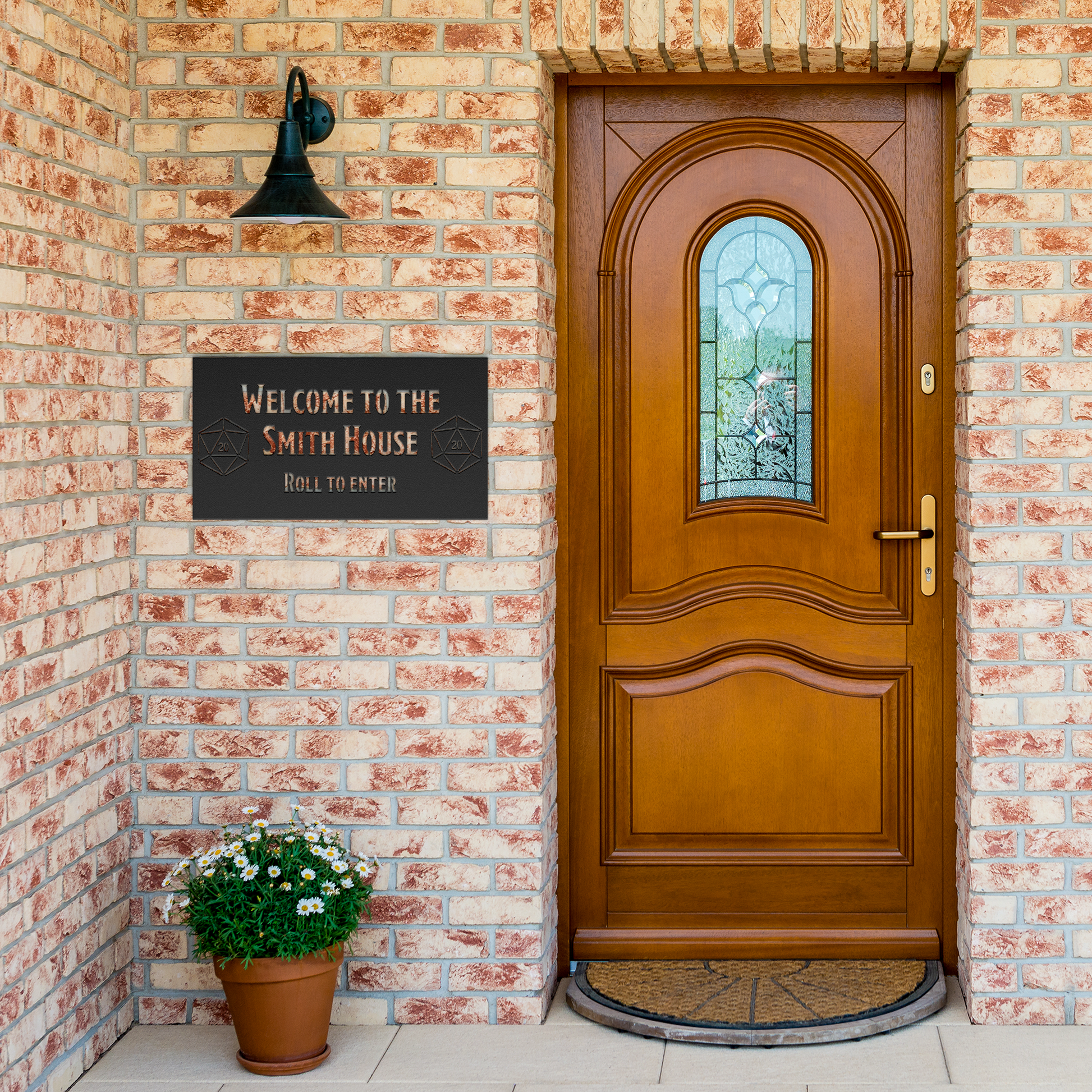 Customizable_DnD_Welcome_Metal_Sign_Black_Brick_Entrance_Mockup.png