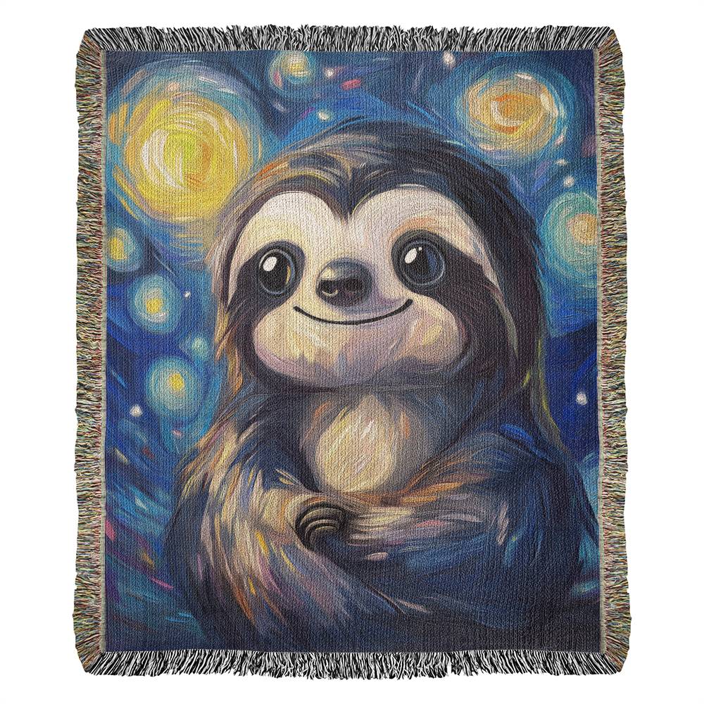 Starry Sloth Woven Blanket – Cozy Animal Art Decor with Whimsical Van Gogh Style