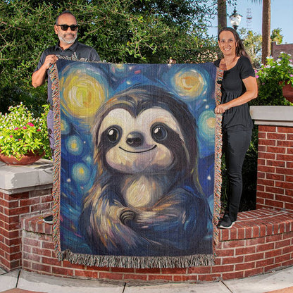 Starry Sloth Woven Blanket – Cozy Animal Art Decor with Whimsical Van Gogh Style