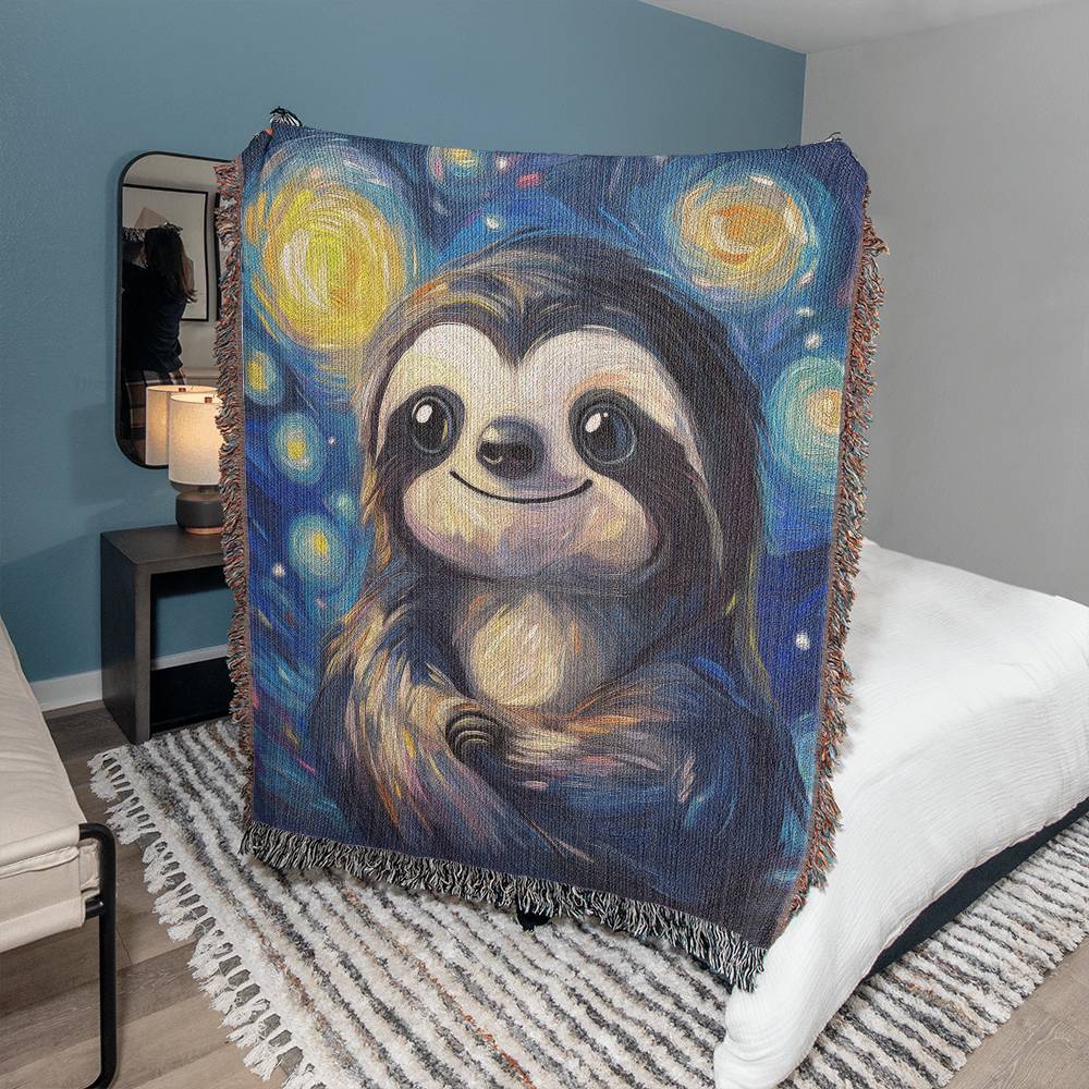 Starry Sloth Woven Blanket – Cozy Animal Art Decor with Whimsical Van Gogh Style