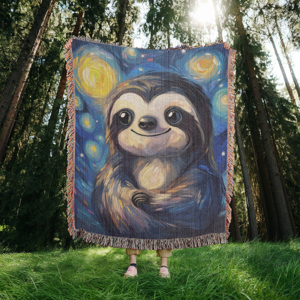 Starry Sloth Woven Blanket – Cozy Animal Art Decor with Whimsical Van Gogh Style